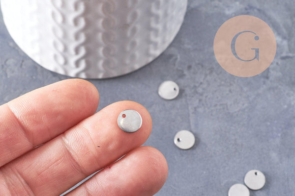 Médaille acier argenté finition mate,fournitures créatives, médaillon argent,création collier, fournitures argentées, 8mm, x10 (G1622)