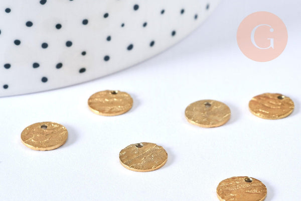Médaille ronde dorée acier inoxydable texturé, une jolie médaille dorée pour créer vos bijoux, 10.5mm, x10 G6771