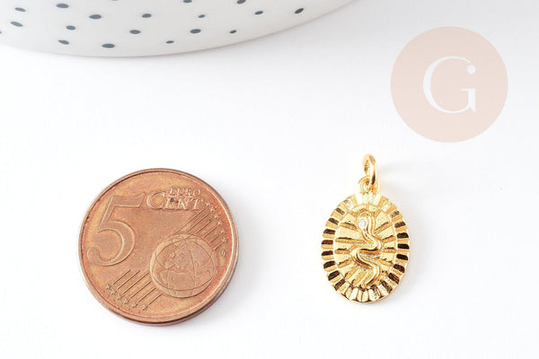 Médaille serpent laiton doré 18k cristal,sans nickel,cadeau anniversaire, Pendentif zircon,17mm, x1 G2416