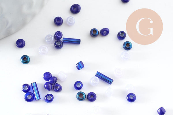 Mélange perles rocaille camaïeu bleu, perles pour création bijoux x 10gr (G9509)