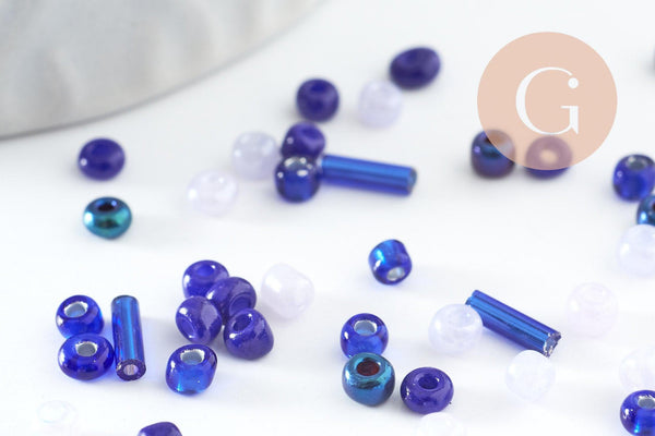 Mélange perles rocaille camaïeu bleu, perles pour création bijoux x 10gr (G9509)