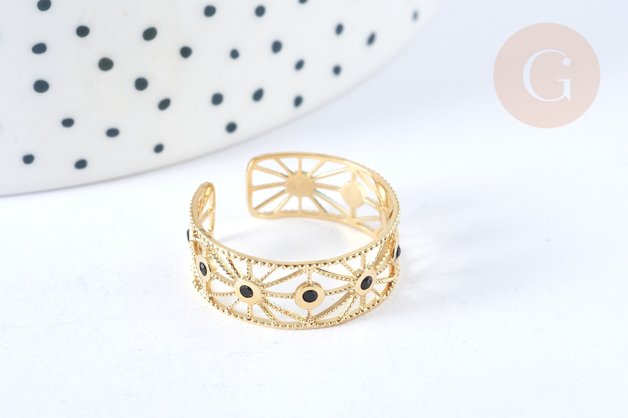 NPR-Bague réglable étoile émail noir acier doré Taille 54, x1 (G7012)