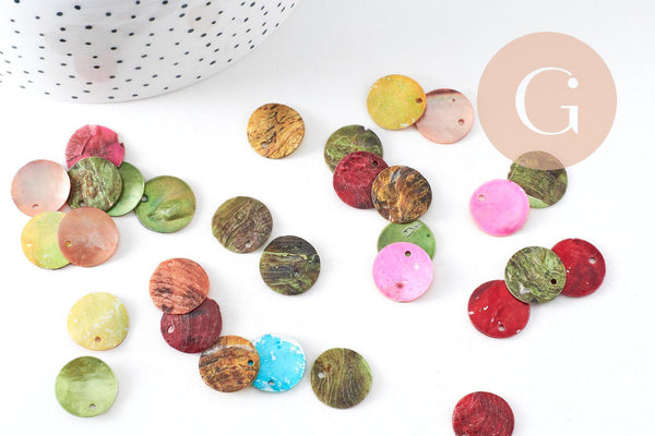 Pastilles rondes nacre multicolore, bouton nacre,pendentif nacre, coquillage naturel,1.4cm, x 10 (G1071)