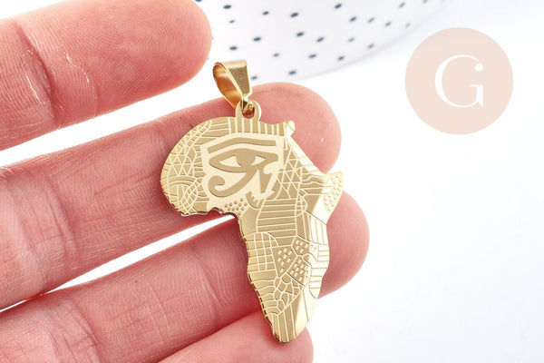 Pendentif Afrique acier 304 inoxydable doré 37.5mm, x1 (G8718)