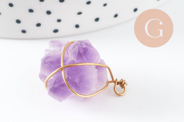 Pendentif Améthyste naturelle pierre brute acier 304 inoxydable doré IP 20~30mm, x1 (G9600)