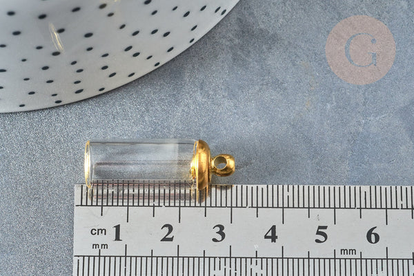 Pendentif Bouteille colonne en verre et capuchon en laiton doré 28.5mm,x1 (G7935)