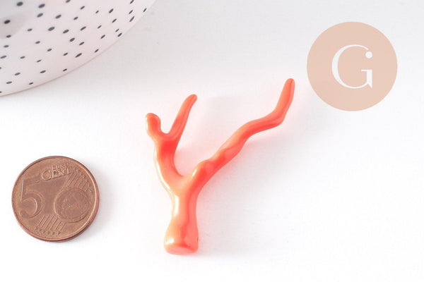 Pendentif Branche forme corail plastique orange 46-48mm, x2 (G10491)