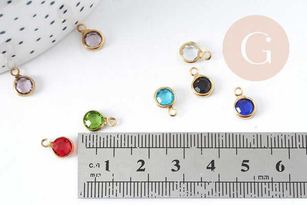 Pendentif Breloque rond verre facetté acier 304 inoxydable doré IP 9.5mm, x1 (G9107)