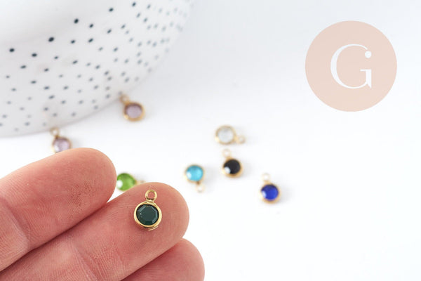 Pendentif Breloque rond verre facetté acier 304 inoxydable doré IP 9.5mm, x1 (G9107)