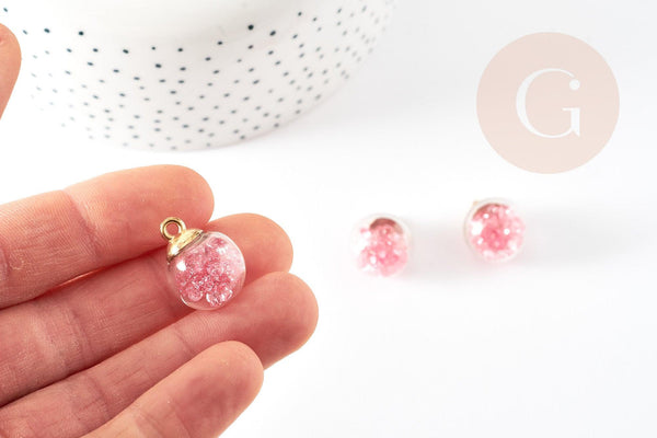Pendentif Bulle globe verre chips rose et CCB doré 20mm, création bijoux original DIY, x1 (G9129)