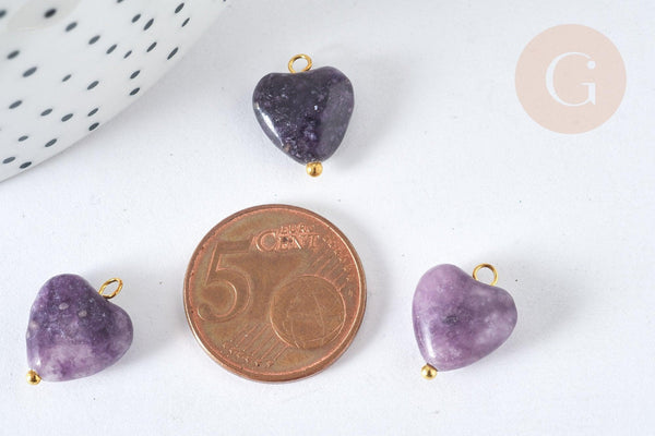 Pendentif Cœur Lépidolite pierre naturelle 15~15,5mm, pendentif pierre naturelle pour création de bijoux, x1 G7592