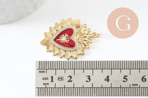 Pendentif Cœur ex-voto zircon émail rouge laiton doré 18K 32mm, x1 (G9548)