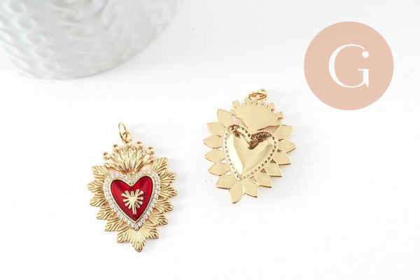 Pendentif Cœur ex-voto zircon émail rouge laiton doré 18K 32mm, x1 (G9548)