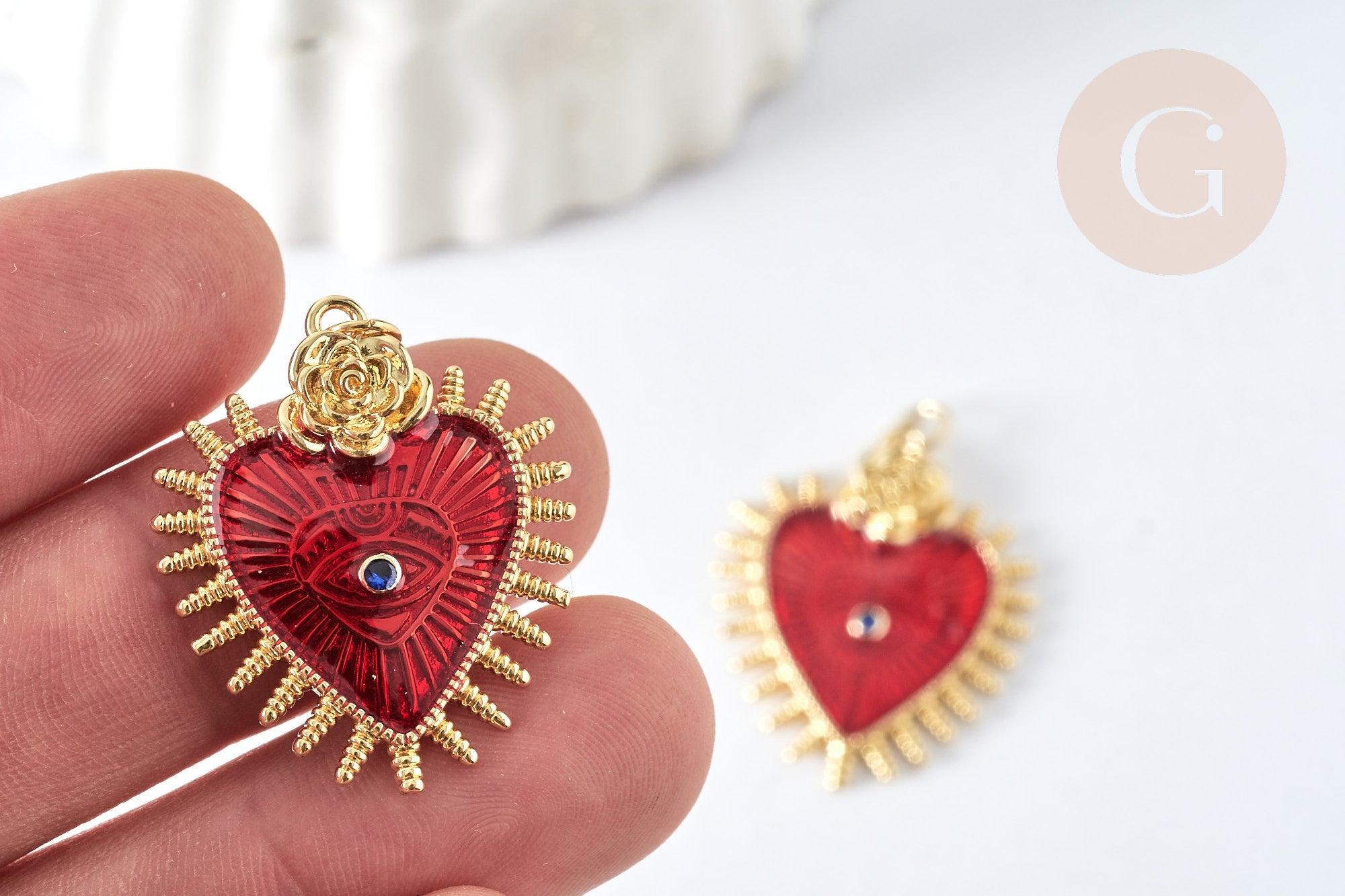 Pendentif Cœur mauvais œil émail rouge foncé laiton doré 30mm, x1 (G8407)