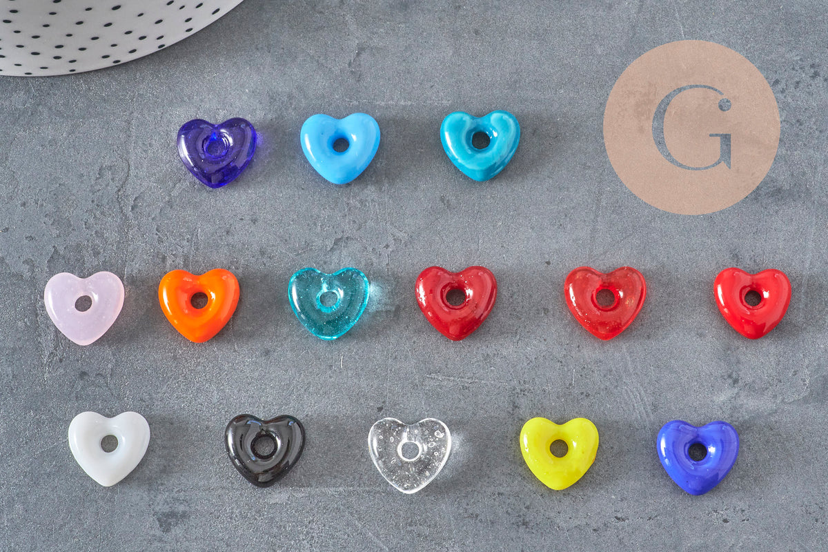 Pendentif Cœur verre artisanal coloré avec trou 14x15mm, x1 (G11039)
