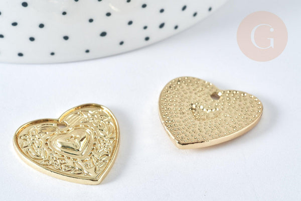 Pendentif Cœur zamac doré clair 25,5mm,fourniture création de bijoux, x1 G7416