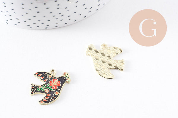 Pendentif Colombe noir à fleurs zamac doré 26mm, x2 (G10157)