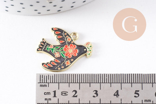 Pendentif Colombe noir à fleurs zamac doré 26mm, x2 (G10157)