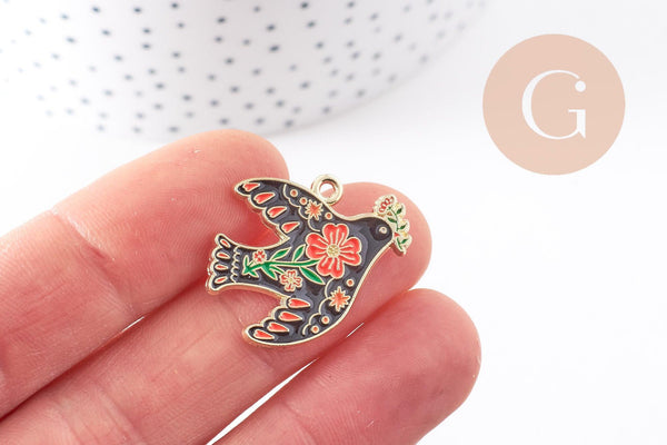 Pendentif Colombe noir à fleurs zamac doré 26mm, x2 (G10157)