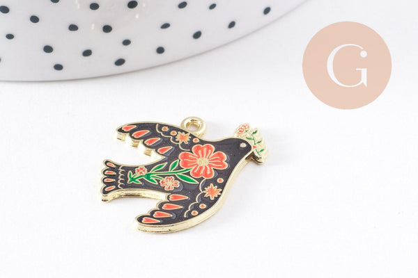 Pendentif Colombe noir à fleurs zamac doré 26mm, x2 (G10157)