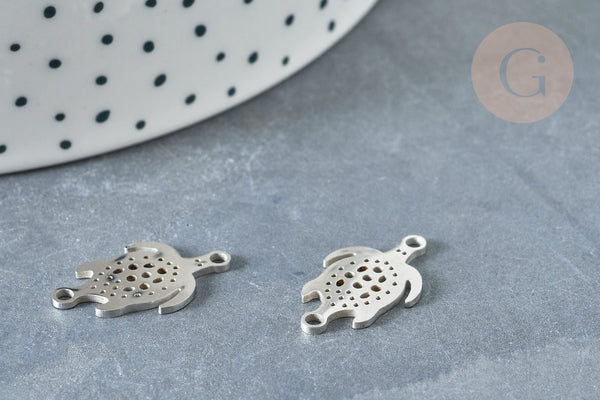 Pendentif Connecteur Tortue ajouré acier 304 inoxydable argenté 19,5mm, fabrication de bijoux acier inoxydable, x1 G8325
