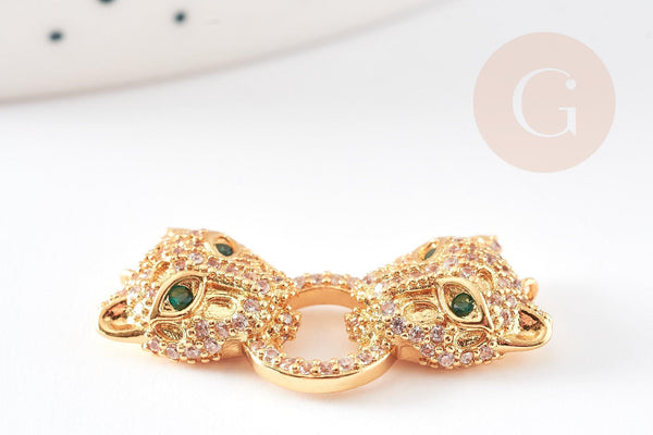 Pendentif Connecteur léopard laiton doré 18K et zircons 27mm, x1 (G5719)