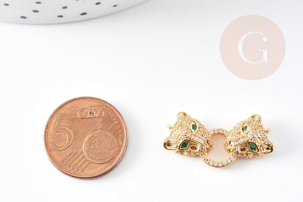 Pendentif Connecteur léopard laiton doré 18K et zircons 27mm, x1 (G5719)