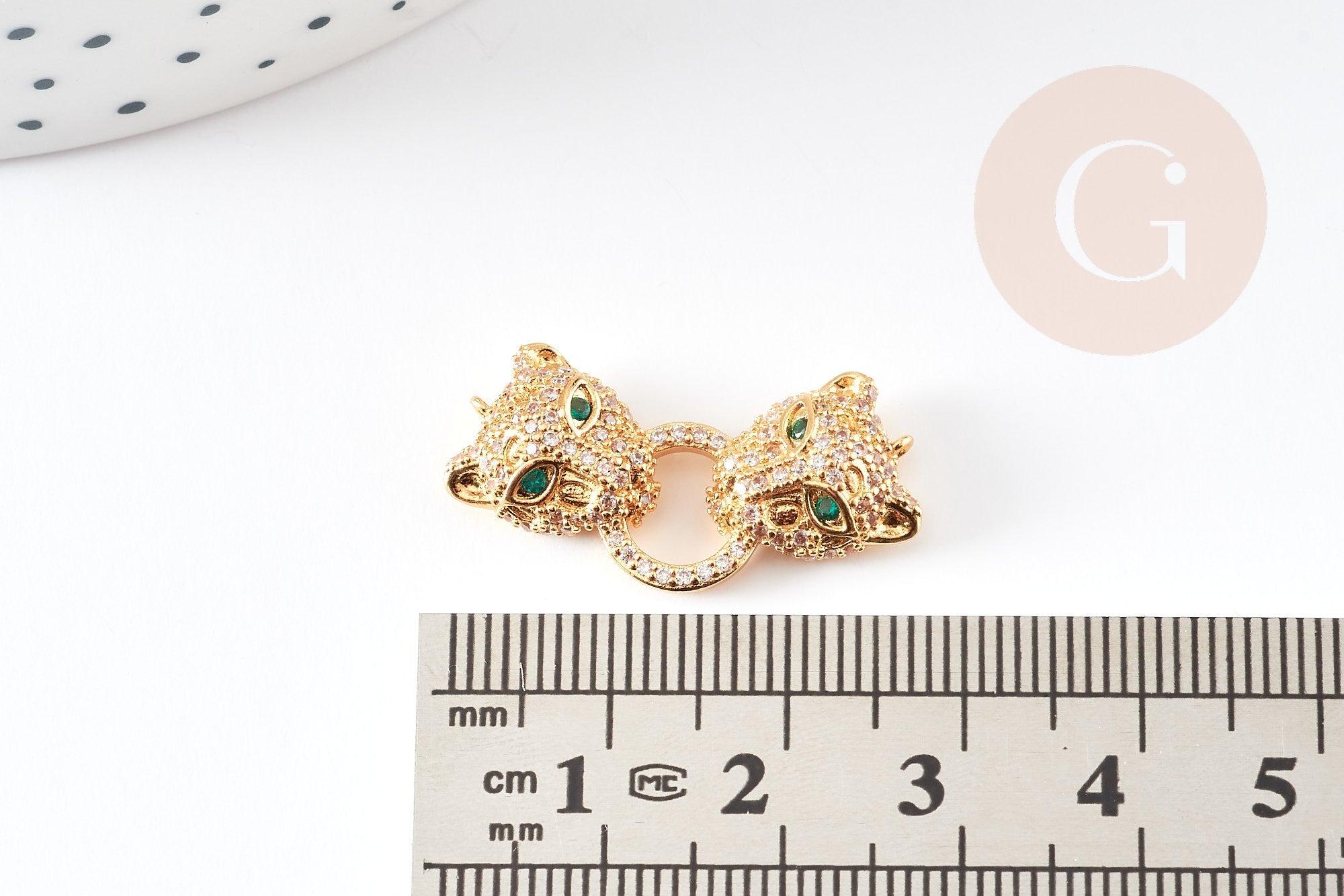 Pendentif Connecteur léopard laiton doré 18K et zircons 27mm, x1 (G5719)