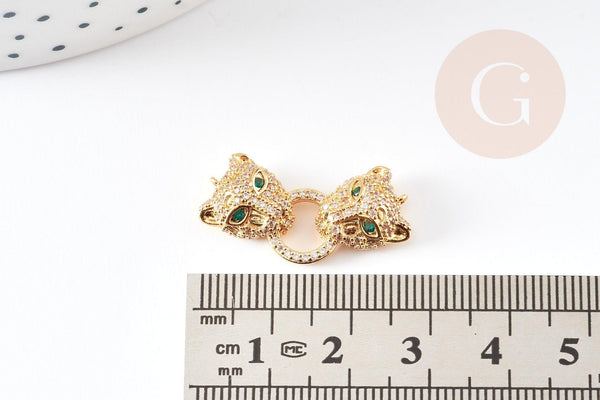 Pendentif Connecteur léopard laiton doré 18K et zircons 27mm, x1 (G5719)