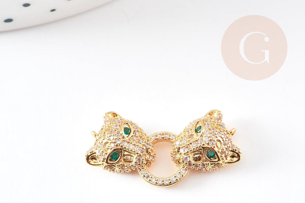 Pendentif Connecteur léopard laiton doré 18K et zircons 27mm, x1 (G5719)