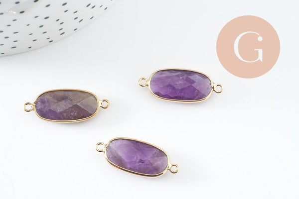 Pendentif Connecteur ovale améthyste naturelle laiton doré 27mm, x1 (G9929)