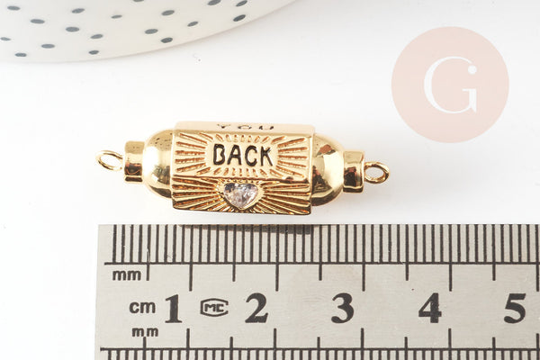 Pendentif Connecteur tube talisman zircon blanc laiton doré 18K 34mm YOU BACK, créations bijoux bonheur, x1 G9330