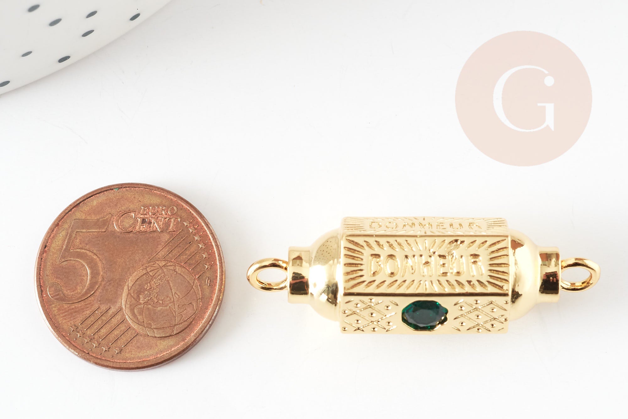 Pendentif Connecteur tube talisman zircon vert doré 18K 34mm BONHEUR, connecteur laiton pour créations bijoux bonheur, x1 G9237