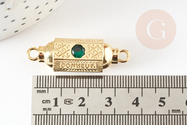 Pendentif Connecteur tube talisman zircon vert doré 18K 34mm BONHEUR, connecteur laiton pour créations bijoux bonheur, x1 G9237