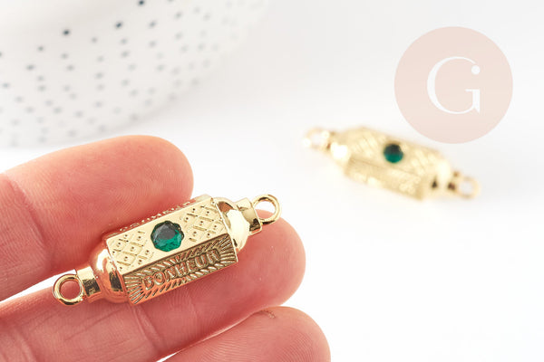 Pendentif Connecteur tube talisman zircon vert doré 18K 34mm BONHEUR, connecteur laiton pour créations bijoux bonheur, x1 G9237