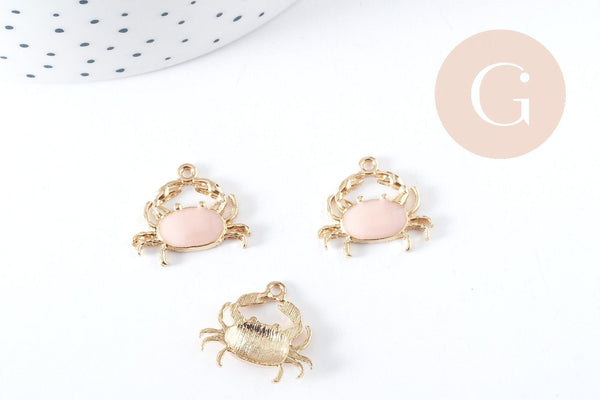 Pendentif Crabe zamac doré émail rose 15mm, x1 (G8991)