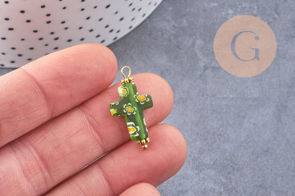 Pendentif Croix verre millefiori laiton et zamac doré 24.5mm, x1 (G9019)