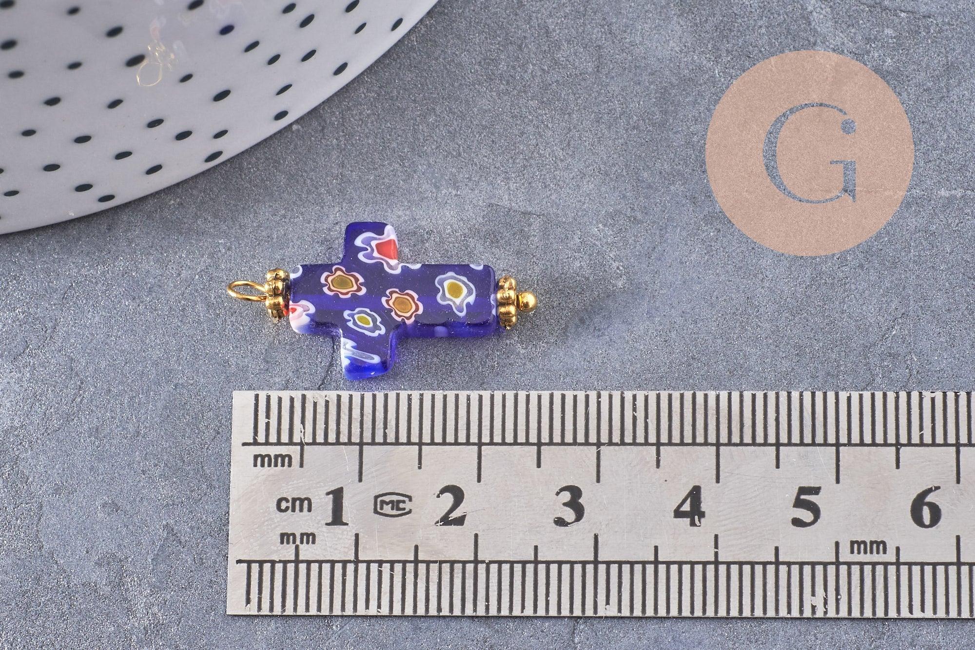 Pendentif Croix verre millefiori laiton et zamac doré 24.5mm, x1 (G9019)