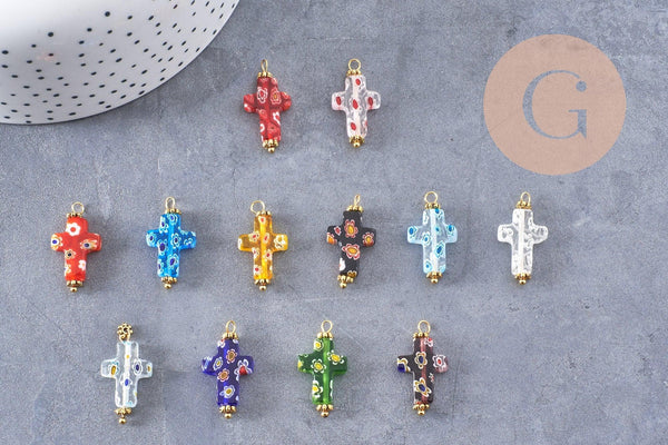 Pendentif Croix verre millefiori laiton et zamac doré 24.5mm, x1 (G9019)