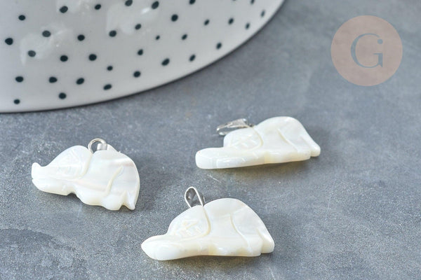 Pendentif Eléphant nacre blanche naturelle laiton platine 15~17mm,pendentif éléphant, création bijoux coquillage blanc, x1 G7857