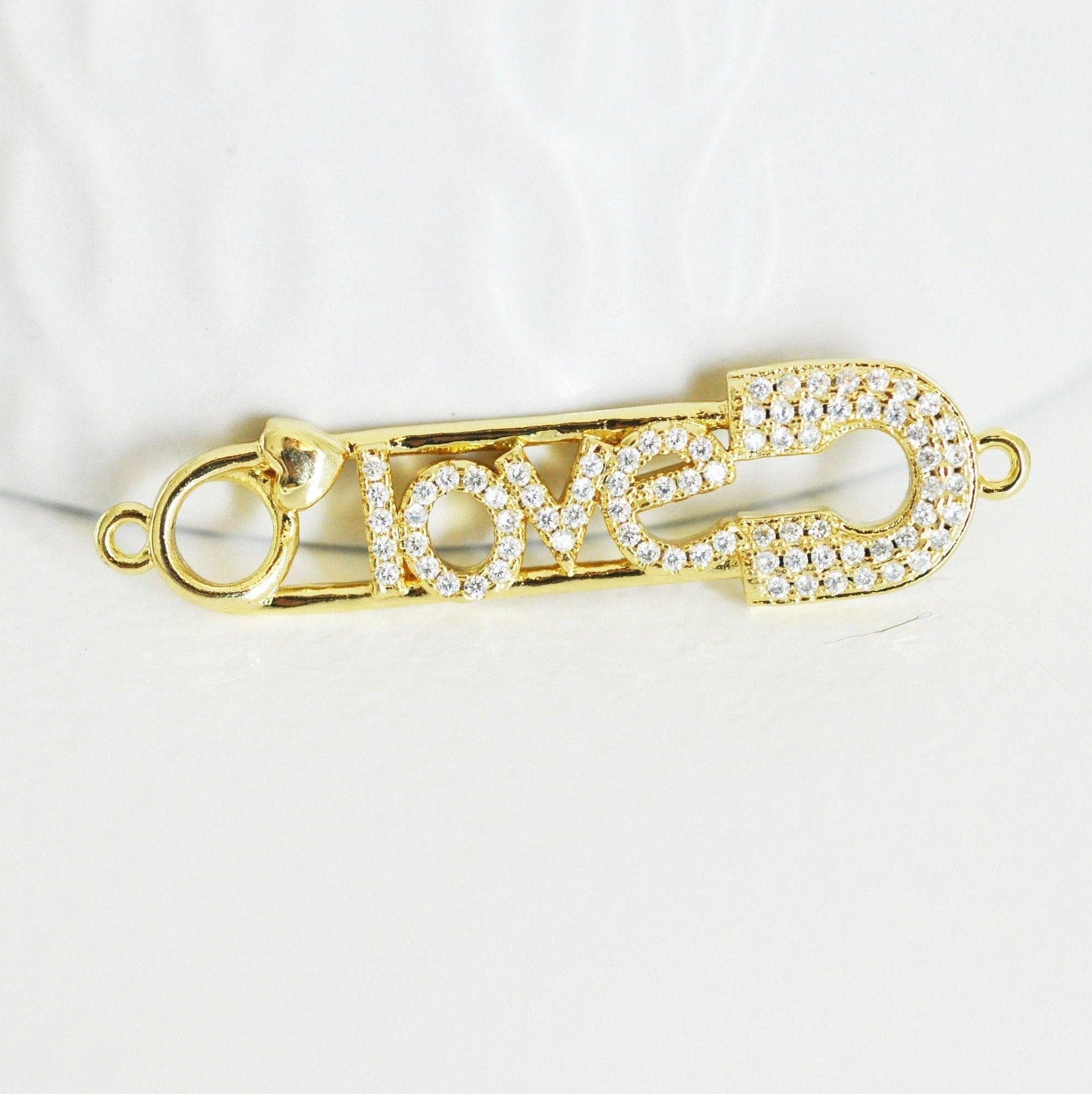 Pendentif Epingle à nourrice LOVE laiton doré 18k cristal,sans nickel,coeur bijoux,pendentif amour, Pendentif zircon,41mm x1 (G5321)