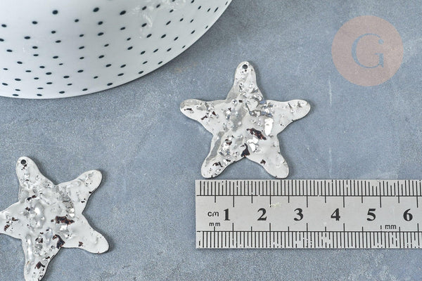 Pendentif Etoile martelé laiton platine brillant 36mm, pendentif étoile texturé, création bijoux argenté, x1 G8020