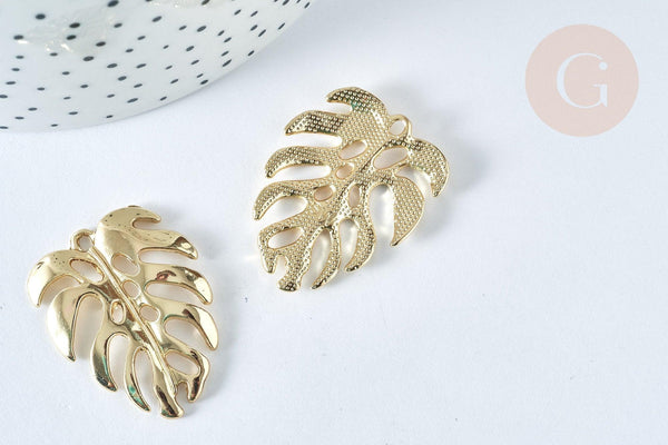 Pendentif Feuille Monstera zamac doré clair 34mm, feuille dorée pour création bijoux, x1 G7413