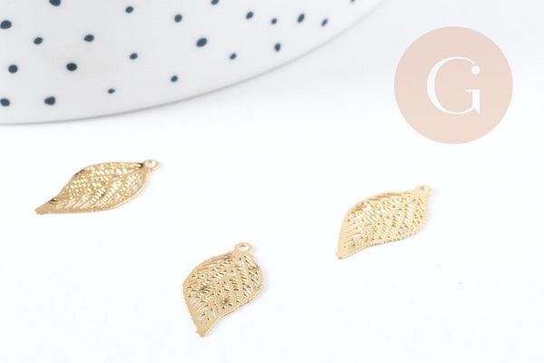 Pendentif Feuille filigrane acier 201 inoxydable doré 19mm, x5 (G9061)
