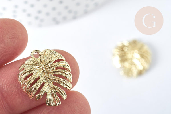 Pendentif Feuille tropicale zamac doré 21,5mm,pendentif création bijoux doré, x1 G7437