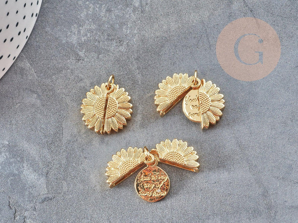 Pendentif Fleur Tournesol à message qui s'ouvre laiton doré 18mm, bijoux original DIY, x1 G9055