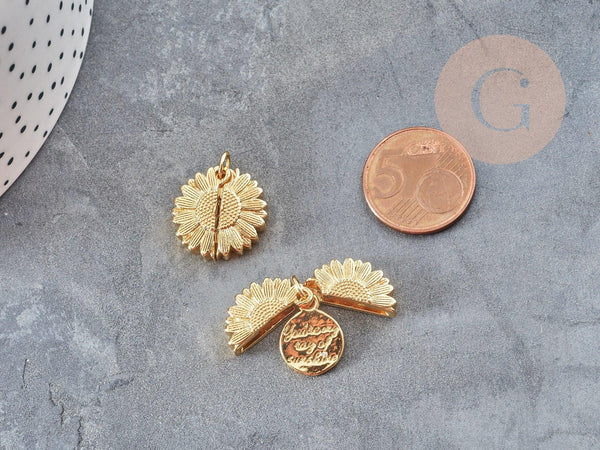 Pendentif Fleur Tournesol à message qui s'ouvre laiton doré 18mm, bijoux original DIY, x1 G9055
