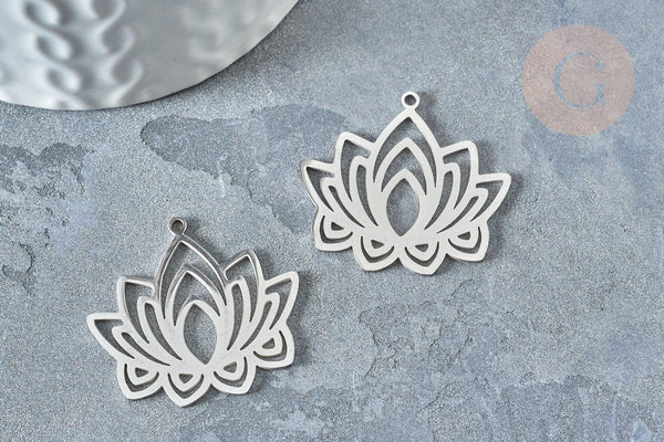 Pendentif Fleur de lotus acier 201 inoxydable argenté 27mm, x1 (G7862)
