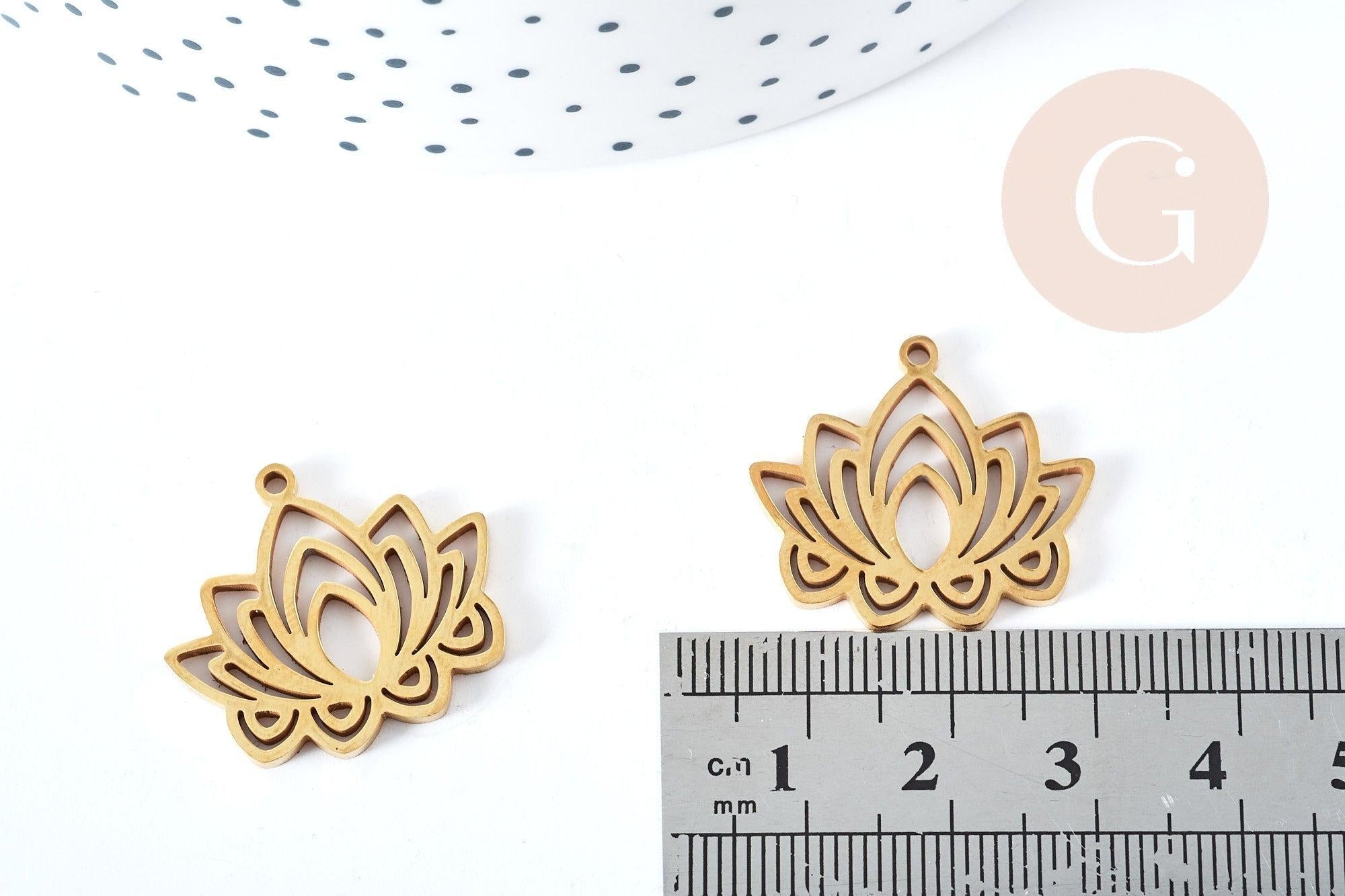 Pendentif Fleur de lotus acier 201 inoxydable doré 27mm, création bijoux acier inoxydable, x1 (G8726)