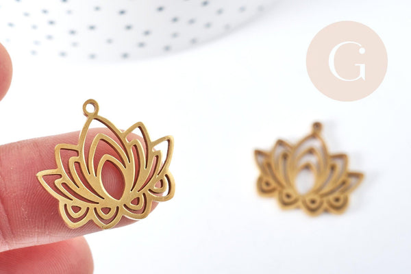 Pendentif Fleur de lotus acier 201 inoxydable doré 27mm, création bijoux acier inoxydable, x1 (G8726)